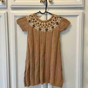 100% Organic Cotton Cable Knit Tan Dress with Fair Isle Yoke